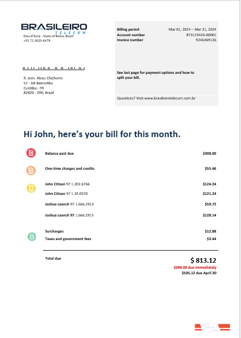 Brazil Braziliero Telecom business telecommunication bill Word and PDF template PSD template